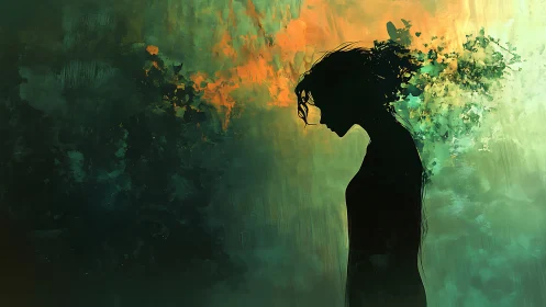 Quiet silhouette lingers as thoughts melt into glowing color