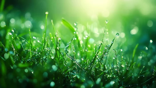 Morning dew pearls cling to vivid backlit grass blades