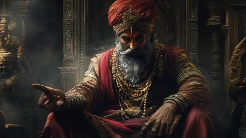 Bearded ruler in ornate attire sits in a dim stone hall