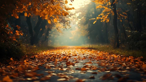 Autumn forest path lit by golden sunlight filtering through canopy