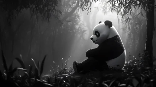 Solitary panda figure seated in monochrome bamboo forest.