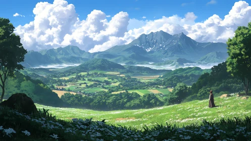 Panoramic agrarian valley under cumulonimbus mountain range.