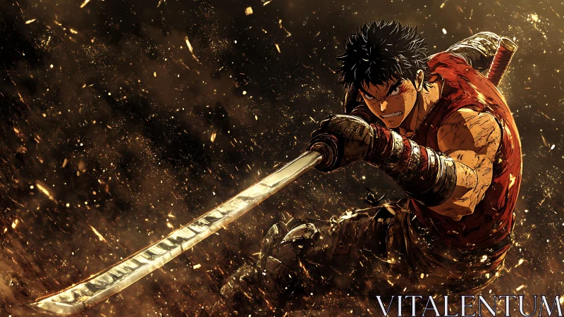 Kinetic anime swordsman in mid-swing amid ember particles.