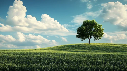 Lone Tree on Lush Green Hill Under Blue Sky, Realistic Landscape.