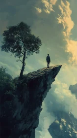 Surreal cliffside figure under dramatic cloud architecture.