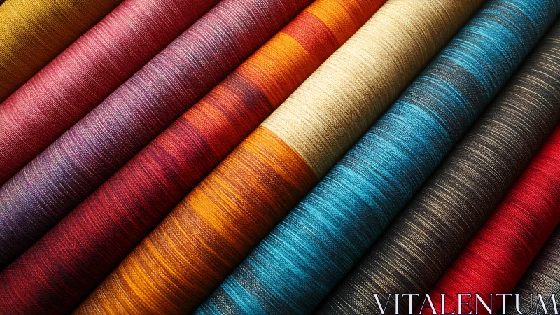 Colorful fabric rolls form diagonal striped textile composition