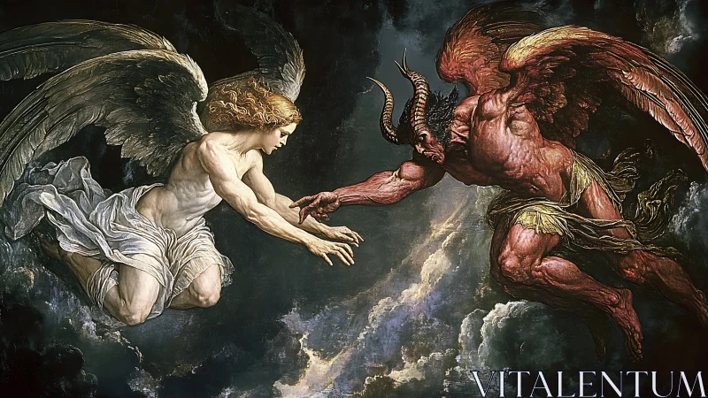 Celestial and infernal figures converge in dynamic conflict.
