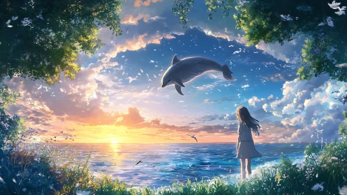 Anime seascape illustration with sunset and leaping dolphin.