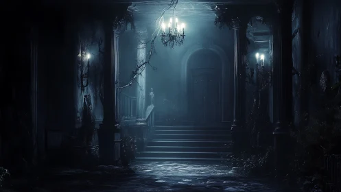 Moonlit haunted mansion hallway shrouded in eerie silence.