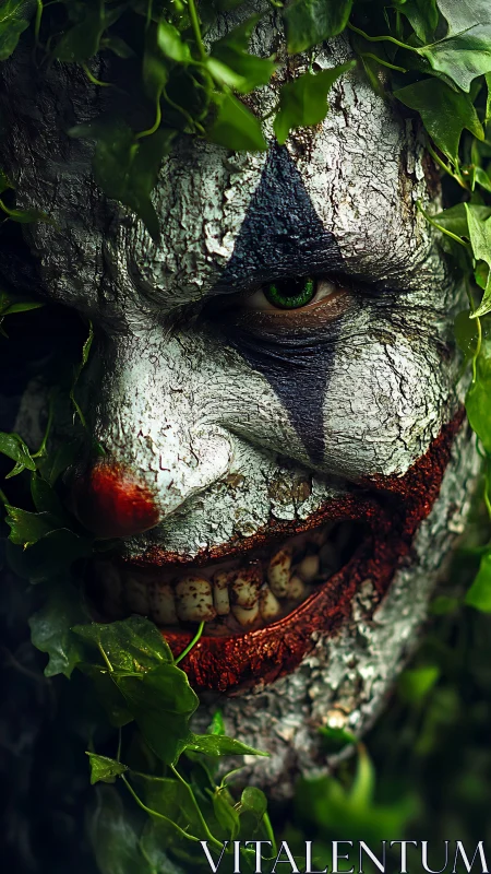 Creepy cracked clown face emerging through dense ivy foliage.