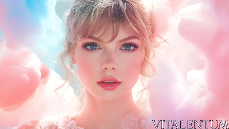 Hyperreal pastel portrait frames a model in ethereal clouds