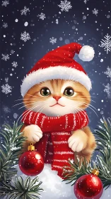 Festive ginger kitten in Santa hat amid snow and baubles.