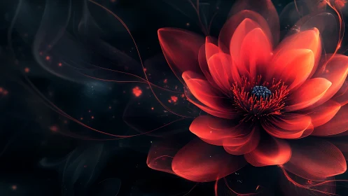 Radiant red digital blossom unfolds against luminous dark field