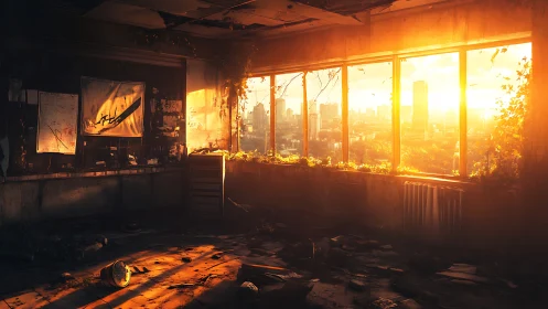 Golden sunrise pours into a quiet, abandoned city room