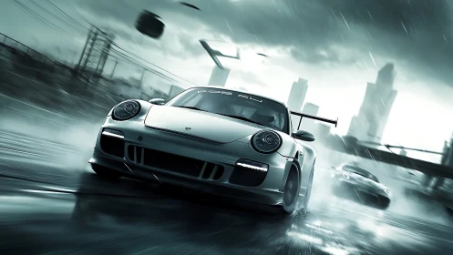 White GT sports car powers through wet cybercity circuit.