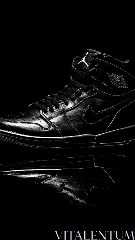 Glossy black Nike sneaker glows in dramatic studio light.