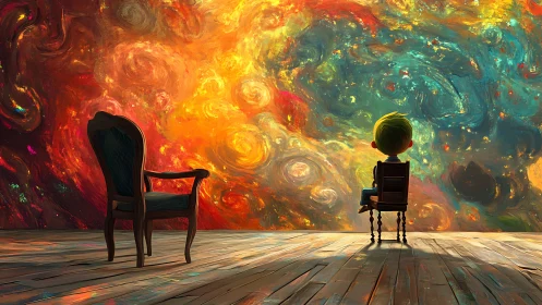 Boy sits before swirling cosmic mural on wooden floor
