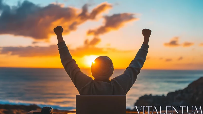 Backlit remote worker celebrates success at vivid ocean sunset