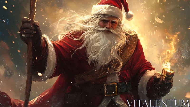 Epic Santa Claus wields staff and holiday firelight power.