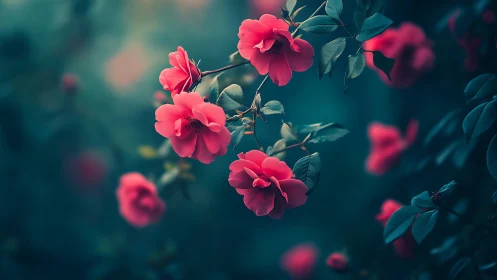 Vibrant Pink Roses Against Deep Teal Garden Foliage