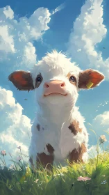 Low-angle stylized calf portrait under volumetric cumulus sky
