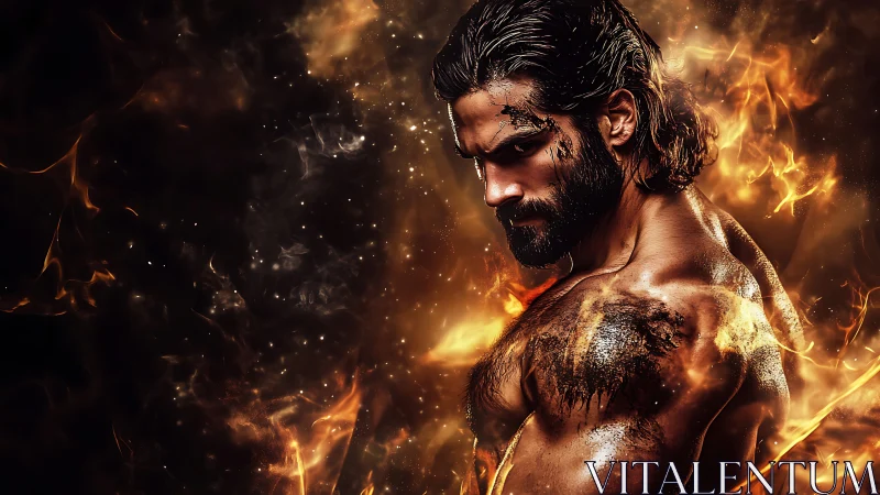 Warrior ignites within swirling inferno, muscles ablaze.