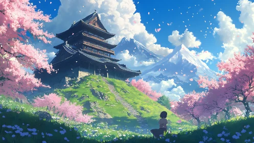 Multi-tiered pagoda stands amid cherry trees and mountains