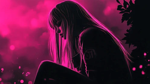 Side-profile neon silhouette shows girl sitting in shadow