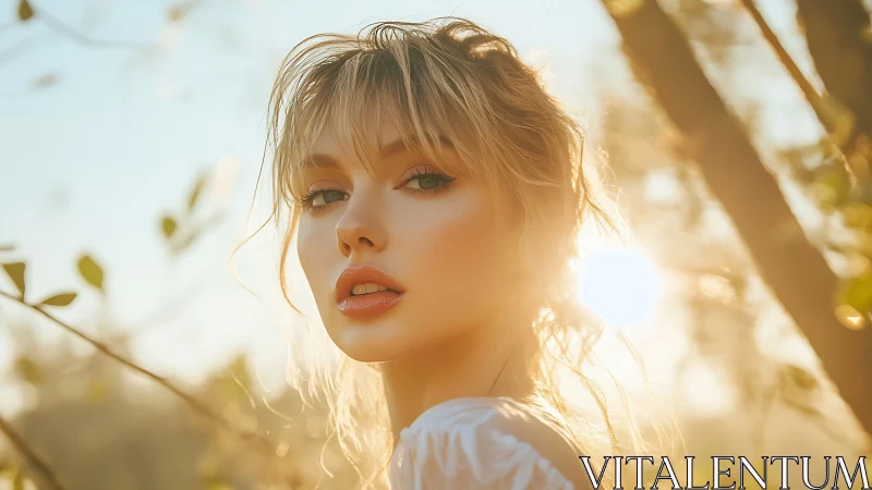 Sunlit portrait of young woman in warm golden backlight.