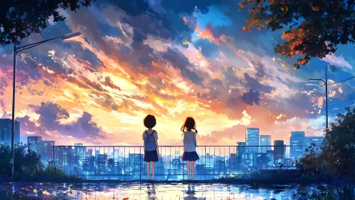 Two students observe sunset sky above distant cityscape.
