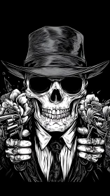 Noir skull mobster illustration with guns and flowers.