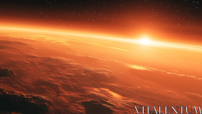 Orange planetary horizon with sun rising above surface