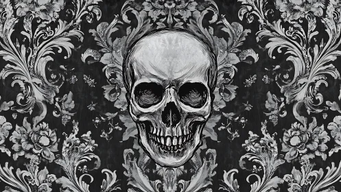 Baroque skull motif merges gothic decay with ornate florals.