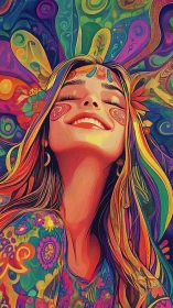 Smiling woman in vivid psychedelic digital portrait.