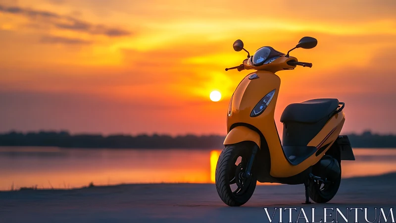 Yellow scooter parked by lake shore at sunset time.