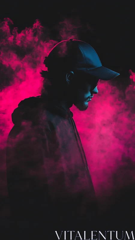 Hooded silhouette cuts profile through neon magenta haze.