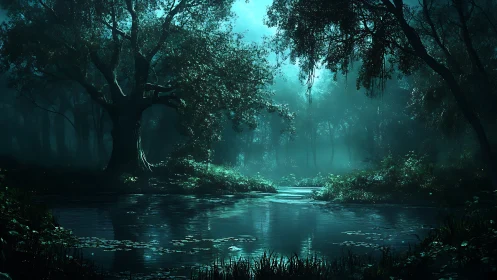 Misty forest river with overhead canopy structure.