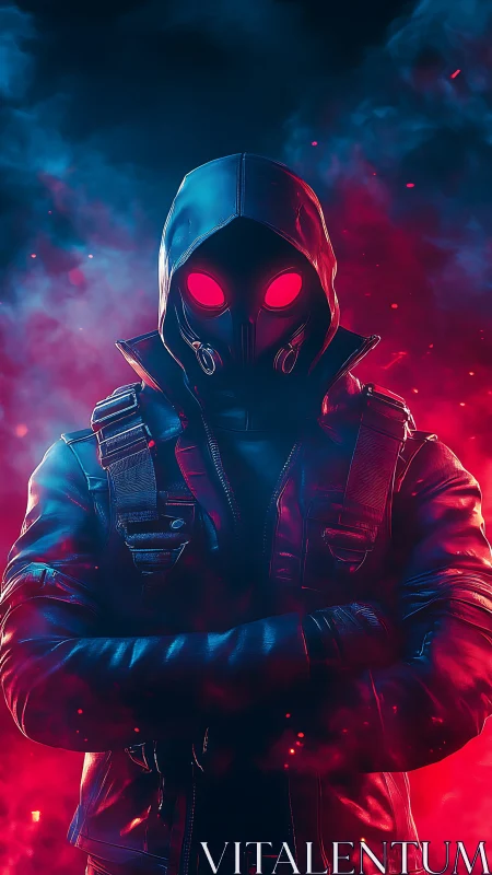 Hooded cybernetic enforcer in neon red-blue volumetric haze