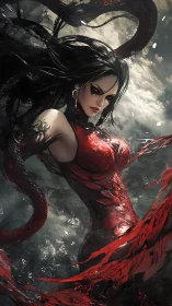 Dark ocean sorceress with red tendrils and flowing power.
