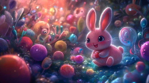 Pastel pink bunny in luminous candy forest environment.