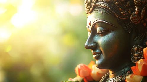 Golden morning light warmly embraces serene goddess statue