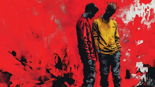 Two thoughtful friends stand quietly against bold red chaos
