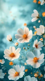 White Cosmos Flowers Dancing Against Serene Teal Sky