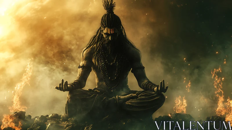 Digital painting of meditative deity amid infernal atmosphere.