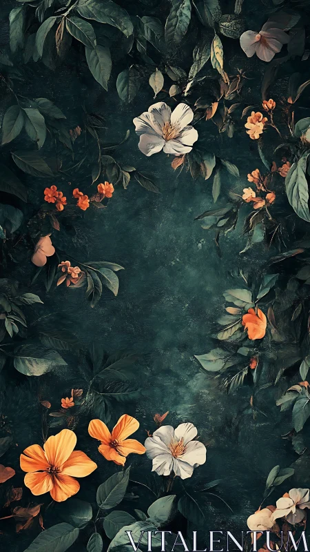 Floral Garden With Orange And White Blooms Against Dark Teal
