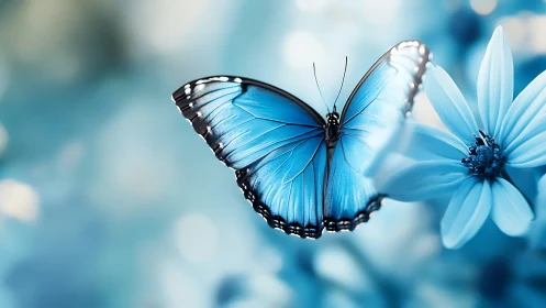 Sky-tinted butterfly pausing on a dream-bright blossom.