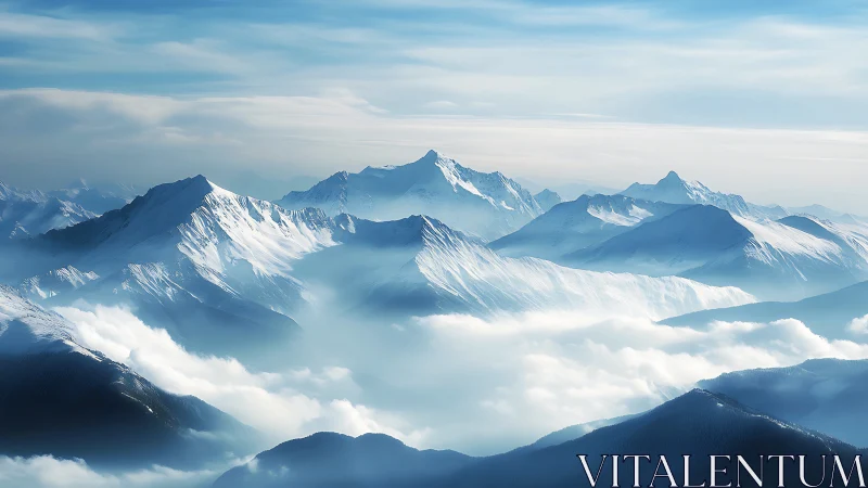 Gentle snow capped mountains rising above soft drifting clouds.