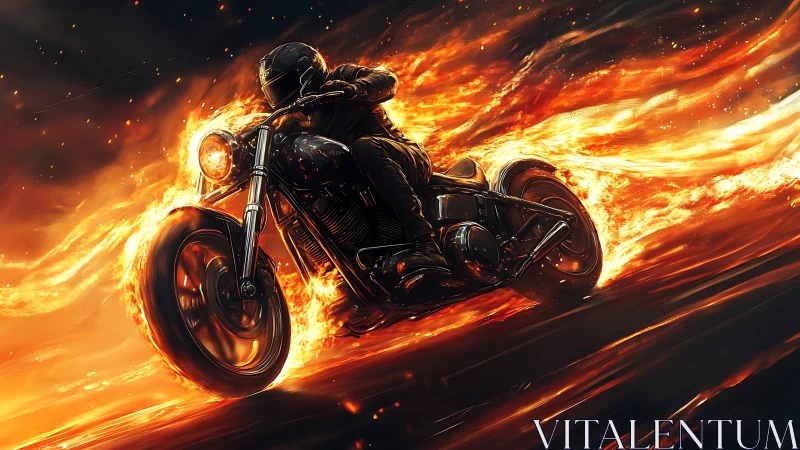 Motorcyclist speeding through intense fire trail scene.