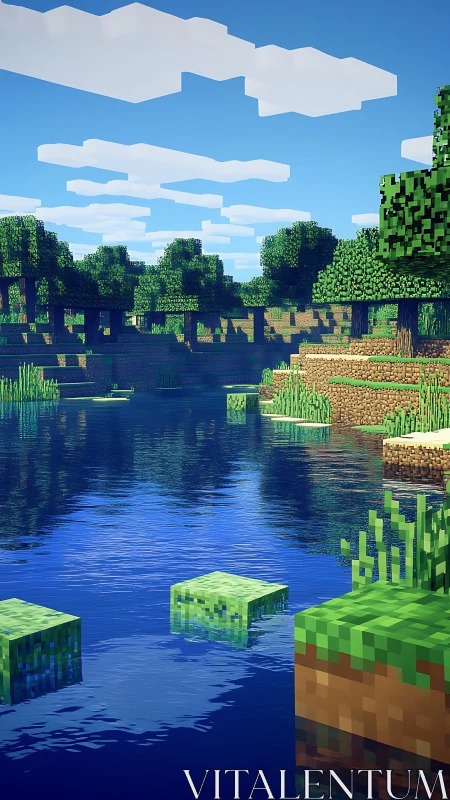 Blocky lakeside forest under clear sky in voxel style.