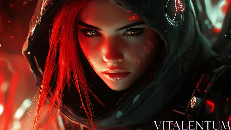 Cybernetic red‑lit hacker portrait with hooded femme operative